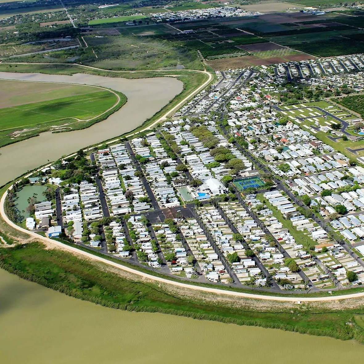 Aerial view of Possum Kingdom RV Resort showing RV sites along Possum Kingdom Lake