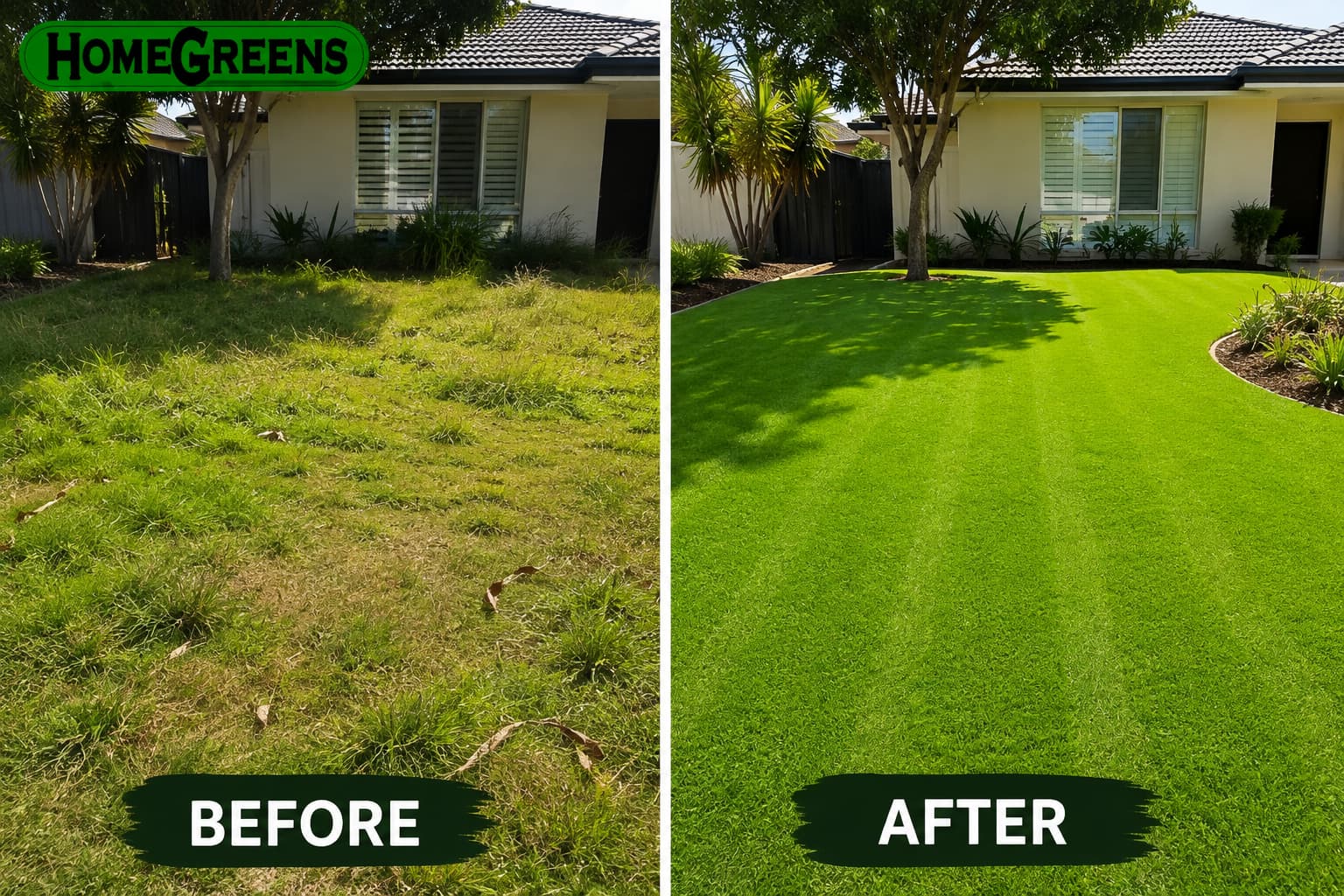 Before and after lawn mowing in Karrinyup showing an overgrown, patchy lawn transformed into a neat, healthy green lawn by HomeGreens