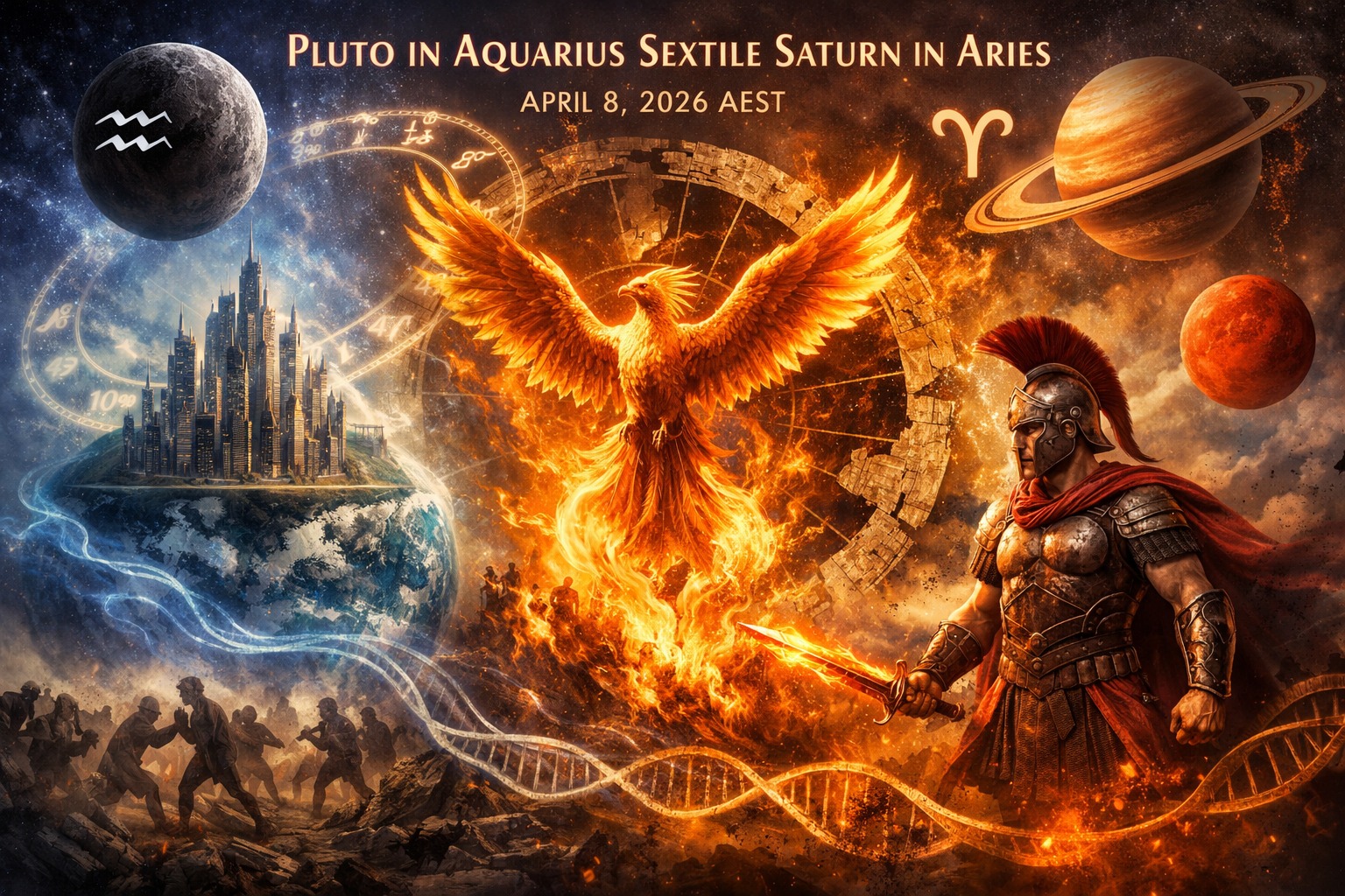 Transiting Pluto in Aquarius sextile transiting Saturn in Aries – April 8, 2026 AEST 