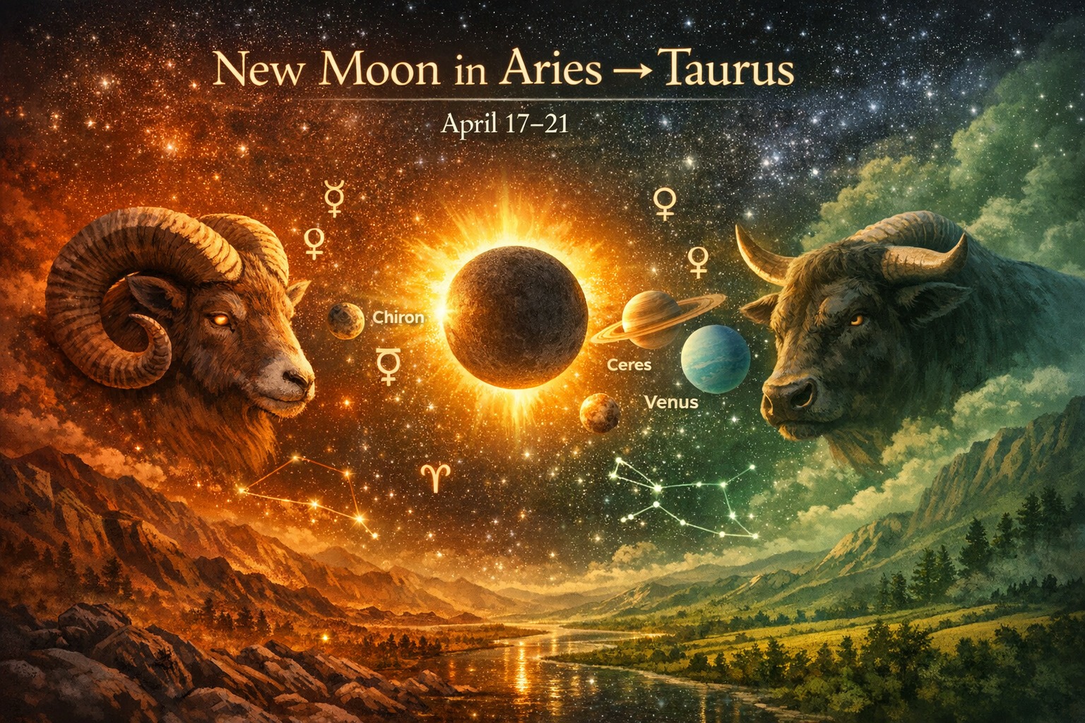 New Moon in Aries moving through Taurus  Active April 17, 9:51 pm – April 21, 9:51 am AEST  1st/2nd house themes