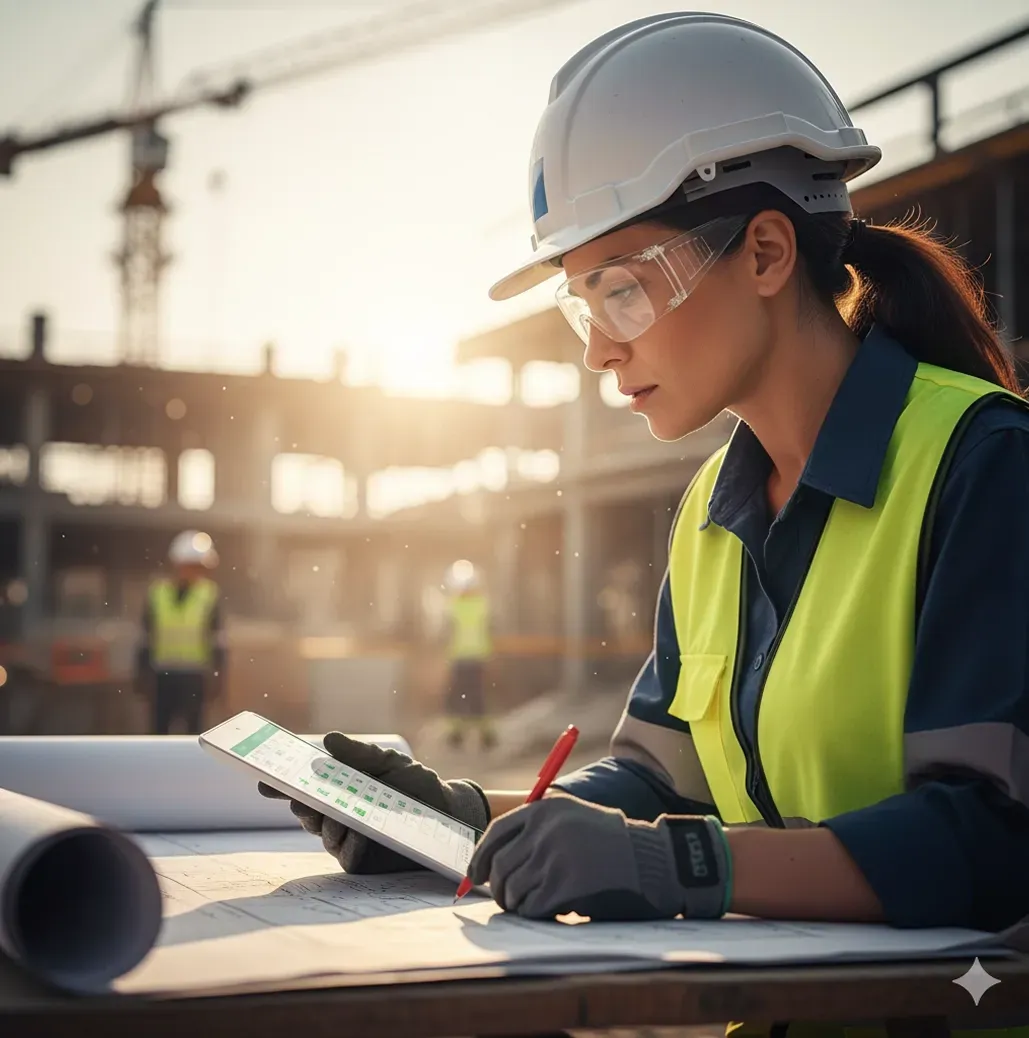 A realistic mockup of a printed SWMS Checklist document on a clipboard, with a pen and safety glasses beside it, set on a clean desk. The background features subtle office elements, conveying professionalism and readiness for practical use.