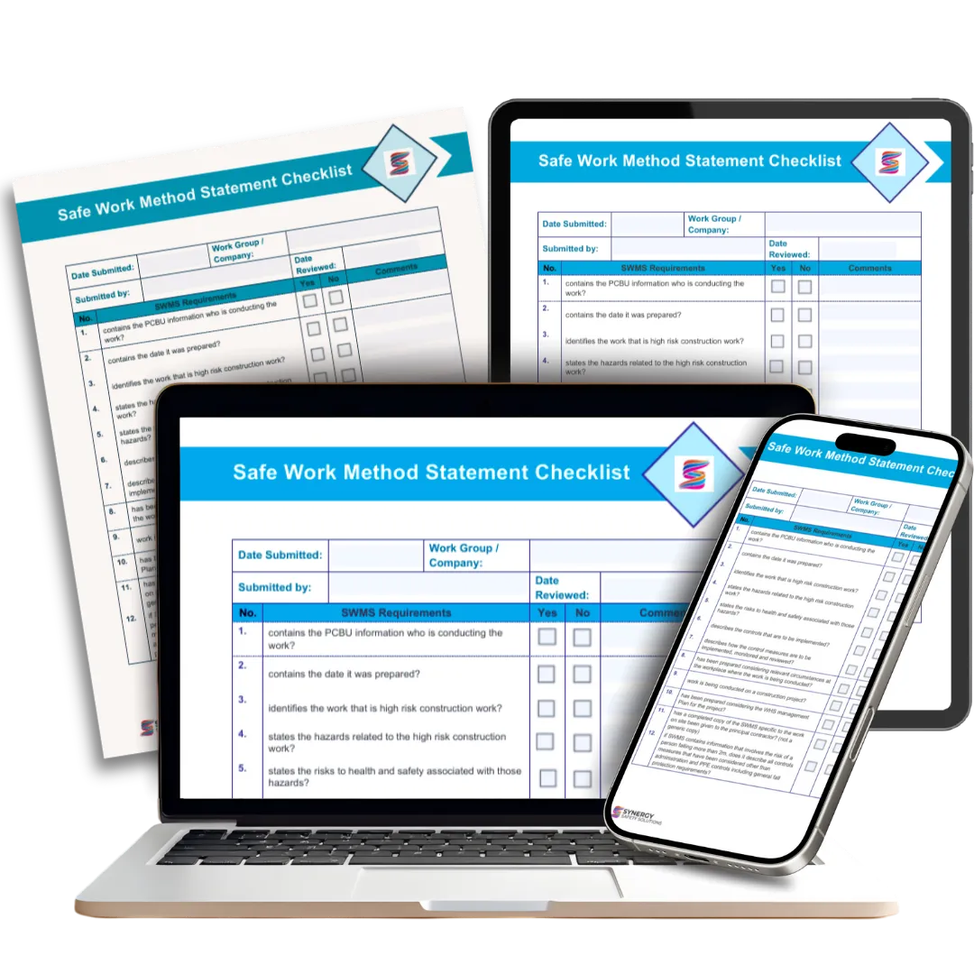 A vibrant flat illustration showing a diverse team of safety professionals in hard hats reviewing a large, digital checklist on a tablet, with safety cones and compliance icons in the background. The scene is set in a modern industrial workspace, emphasizing collaboration and proactive safety management.