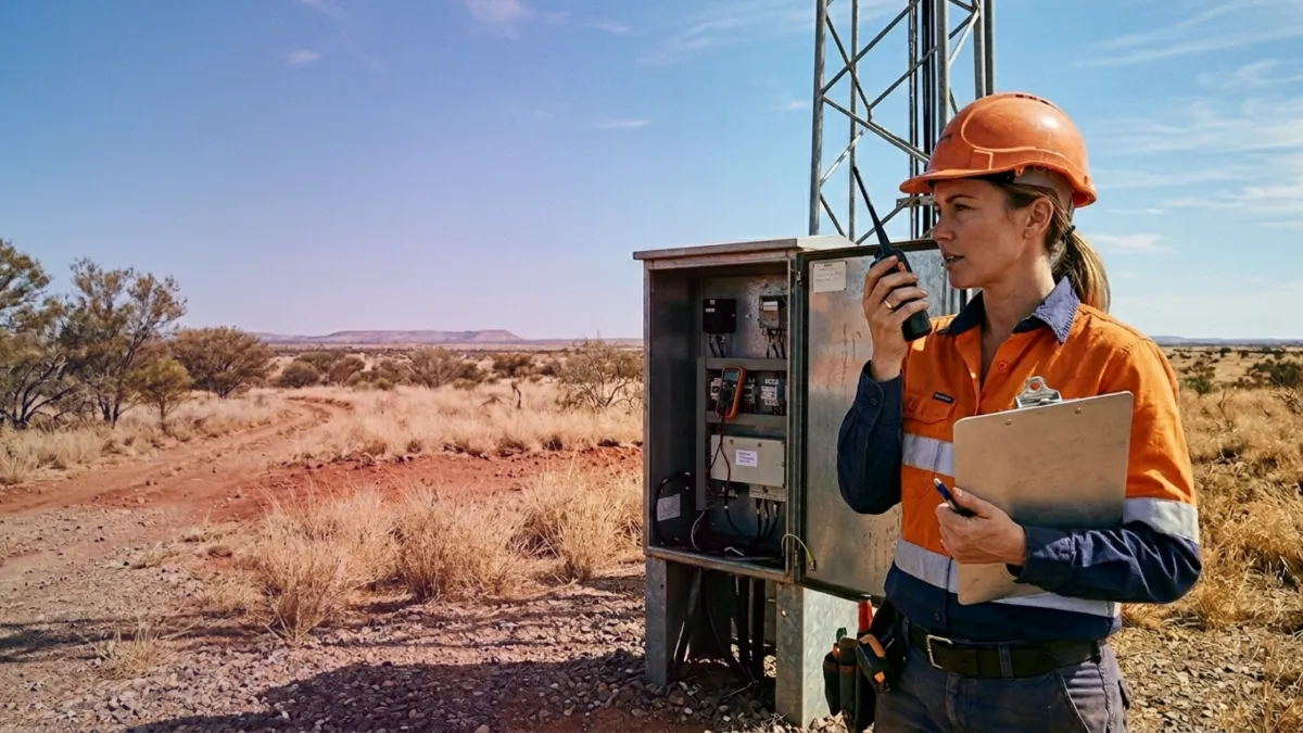 Lone worker using a mobile phone or radio in a remote work setting, representing practical safety check-ins and response systems.