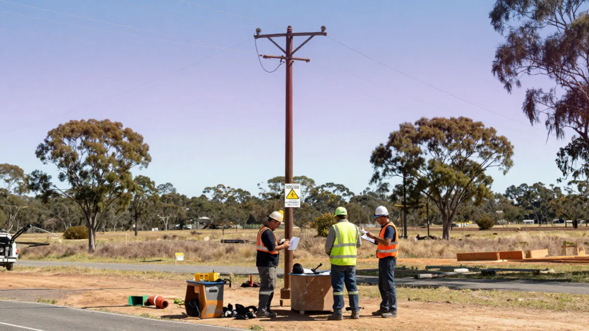 Workers planning work near overhead powerlines, representing electrical risk controls and safe systems of work. AI-generated image for illustrative purposes only. Created for Synergy Safety Solutions.