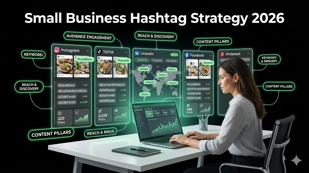 Alt text: Small business hashtag strategy for Instagram TikTok LinkedIn and Facebook