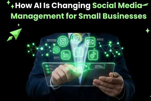 Small business owner using AI social media management dashboard on a digital tablet