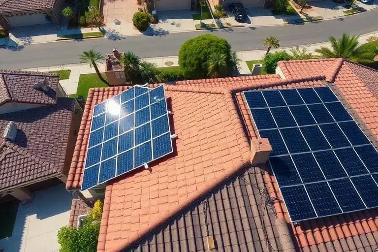Two garages attached to a house with solar panels.