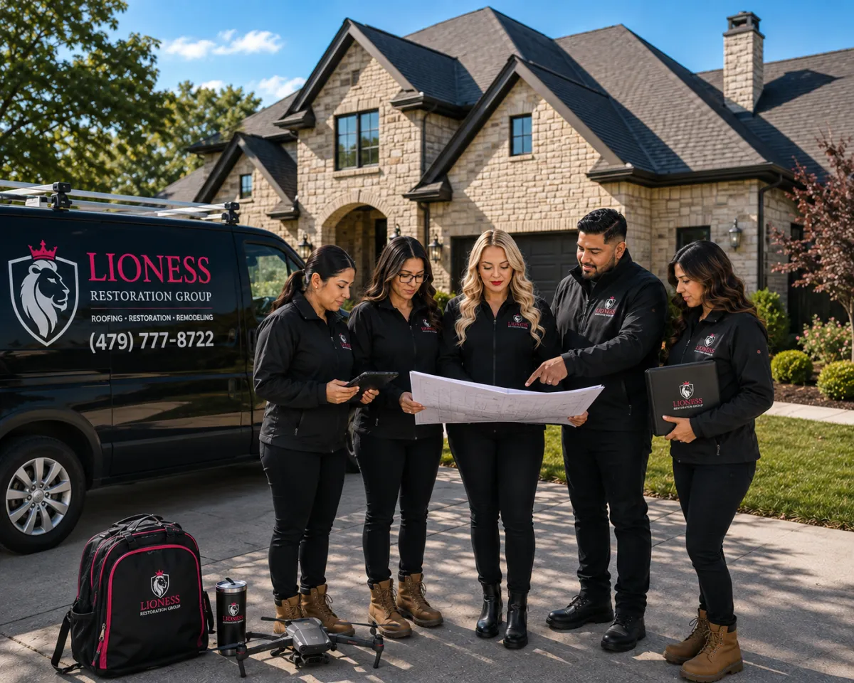 Lioness Restoration Group crew installing a new roof on a home in Rogers, Arkansas