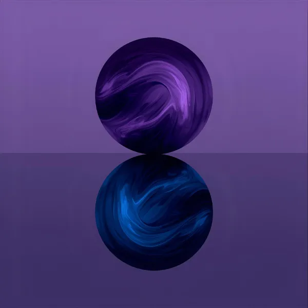 A swirling purple abstract sphere resting on a reflective surface, with its blue-tinted reflection creating a mirrored visual effect.