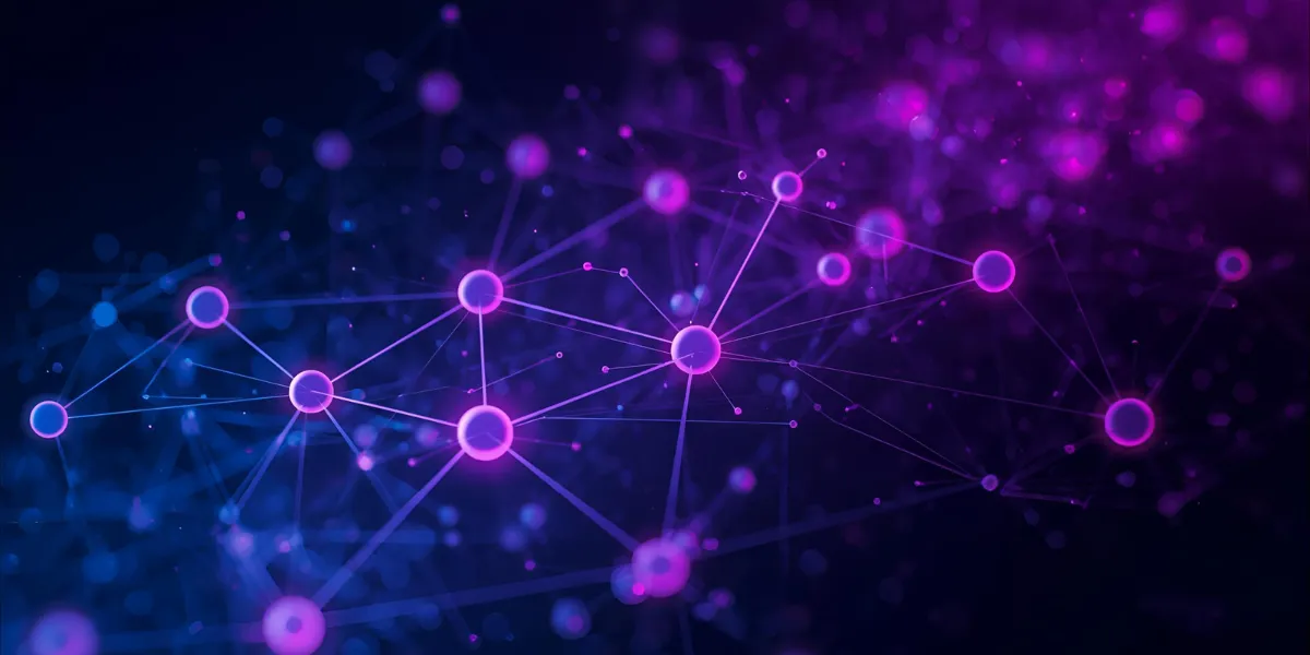 A futuristic digital network made of glowing pink and blue nodes connected by thin lines, set against a dark background with a soft bokeh effect.