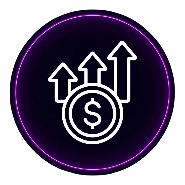 A dark purple circle with an icon that shows a dollar sign and three arrows pointing up in the middle