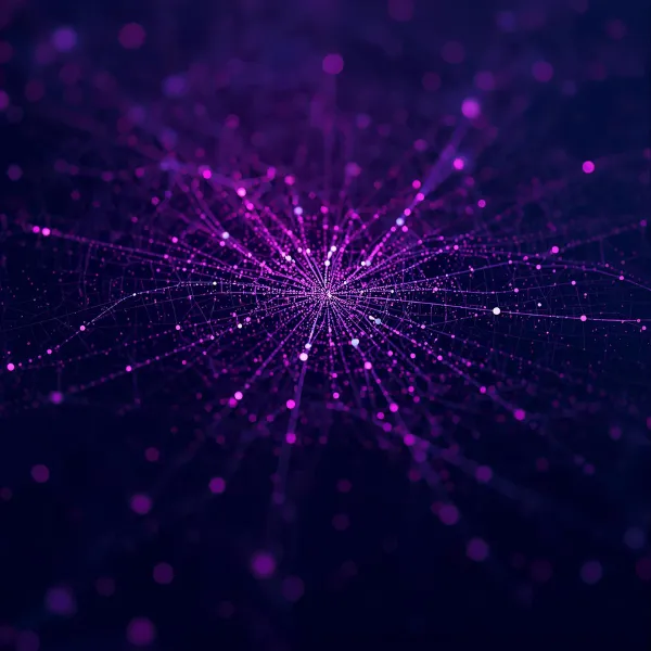 Radiating network of interconnected purple nodes and lines on a dark background, resembling a digital data explosion or neural network.