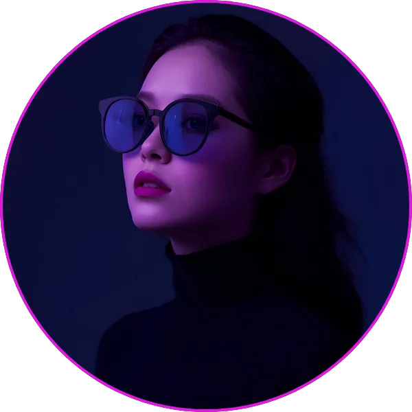 A stylized portrait of a woman wearing reflective glasses and a black turtleneck, lit with purple and blue neon tones, framed within a glowing circular border.
