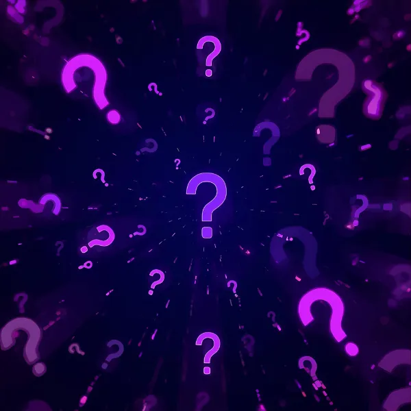 Neon purple question marks floating in a dark digital space, creating a sense of motion and depth.