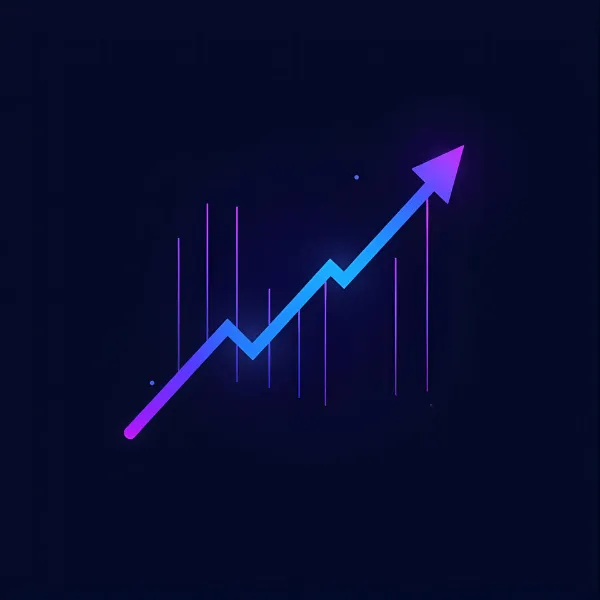 A neon gradient arrow graph rising upward on a dark background, symbolizing growth and increasing performance, with purple and blue glowing lines.