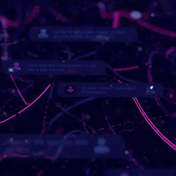 Abstract visualization of digital chat messages floating in a dark space with neon pink and purple network lines connecting them.