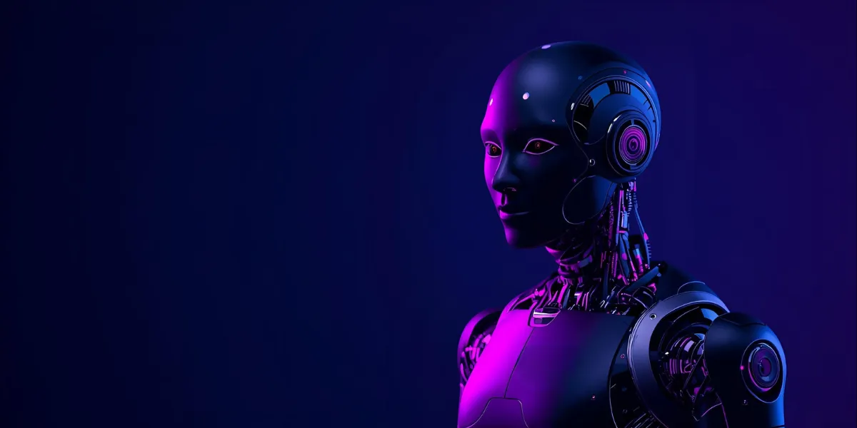 A sleek humanoid robot with illuminated purple and blue accents stands against a dark gradient background, showcasing its futuristic mechanical design.