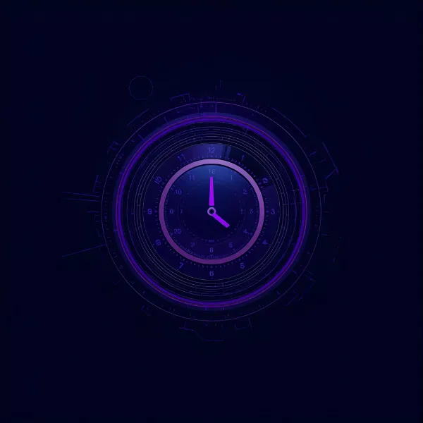 Futuristic neon clock interface glowing in purple and blue tones, with circular digital elements layered around a central analog clock face.