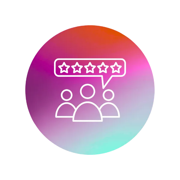 Light blue and pink circle with three people and a five star icon in the middle.