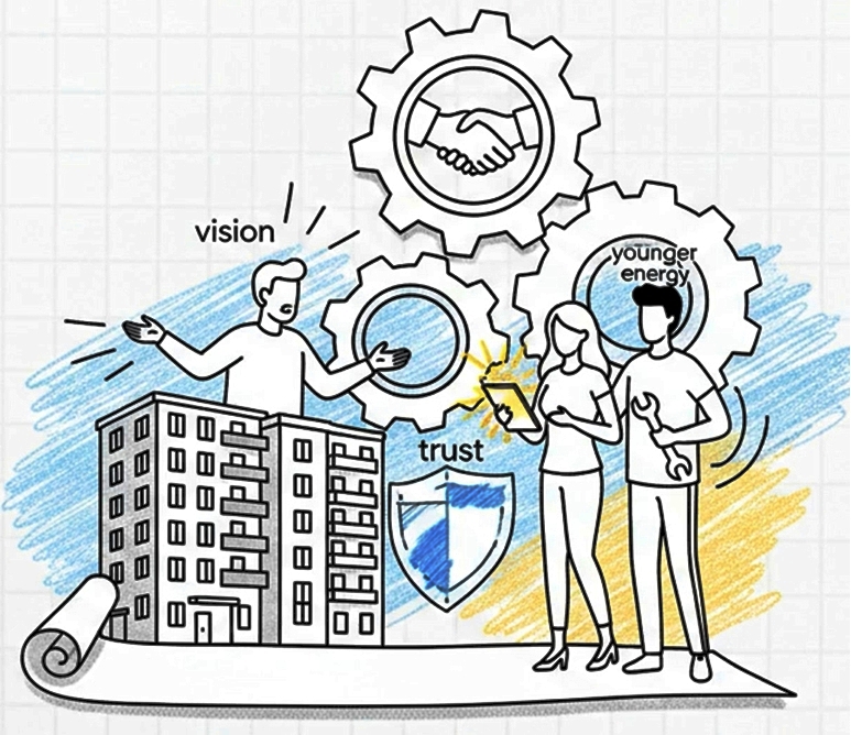 Diverse team of real estate advisors collaborating around a sleek conference table, surrounded by large windows and natural light. The group is engaged in discussion, reflecting expertise, inclusivity, and a supportive environment in a modern, neutral-toned office.