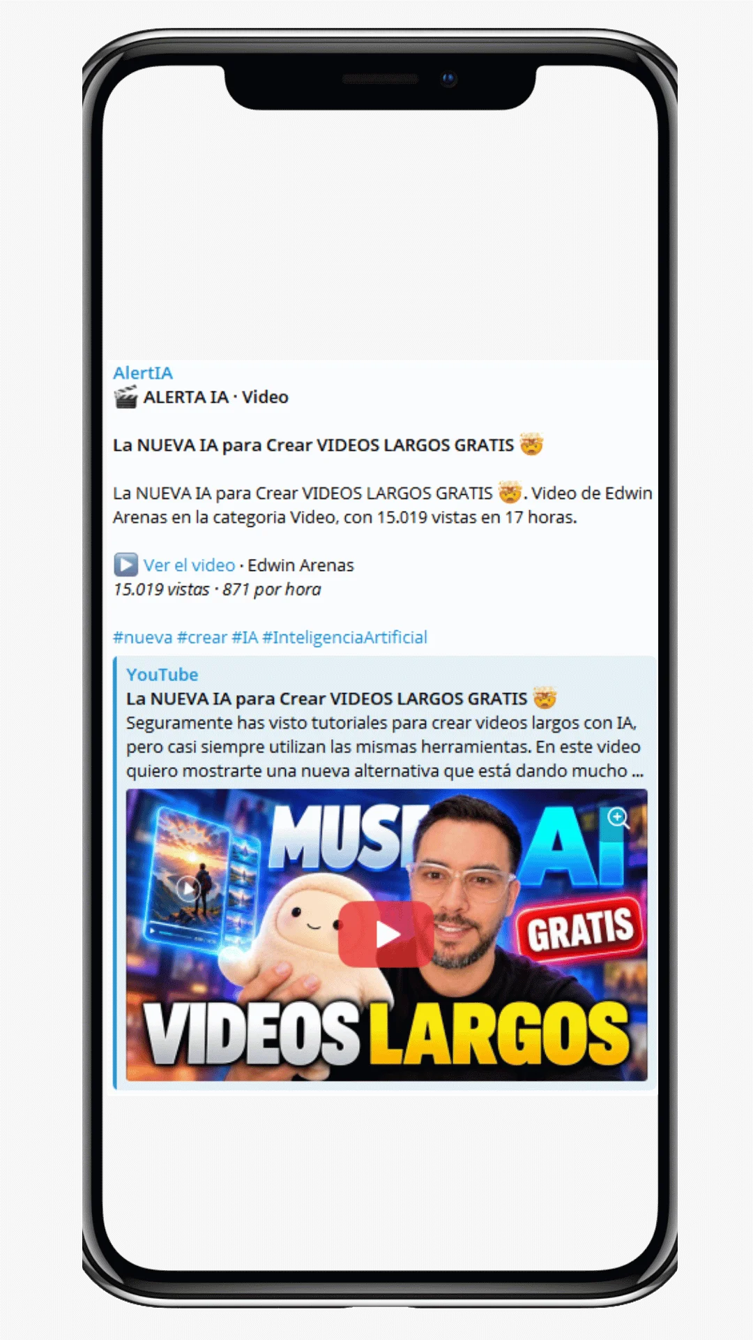 Mockup de smartphone con interfaz de Telegram mostrando alertas en tiempo real de Alert IA