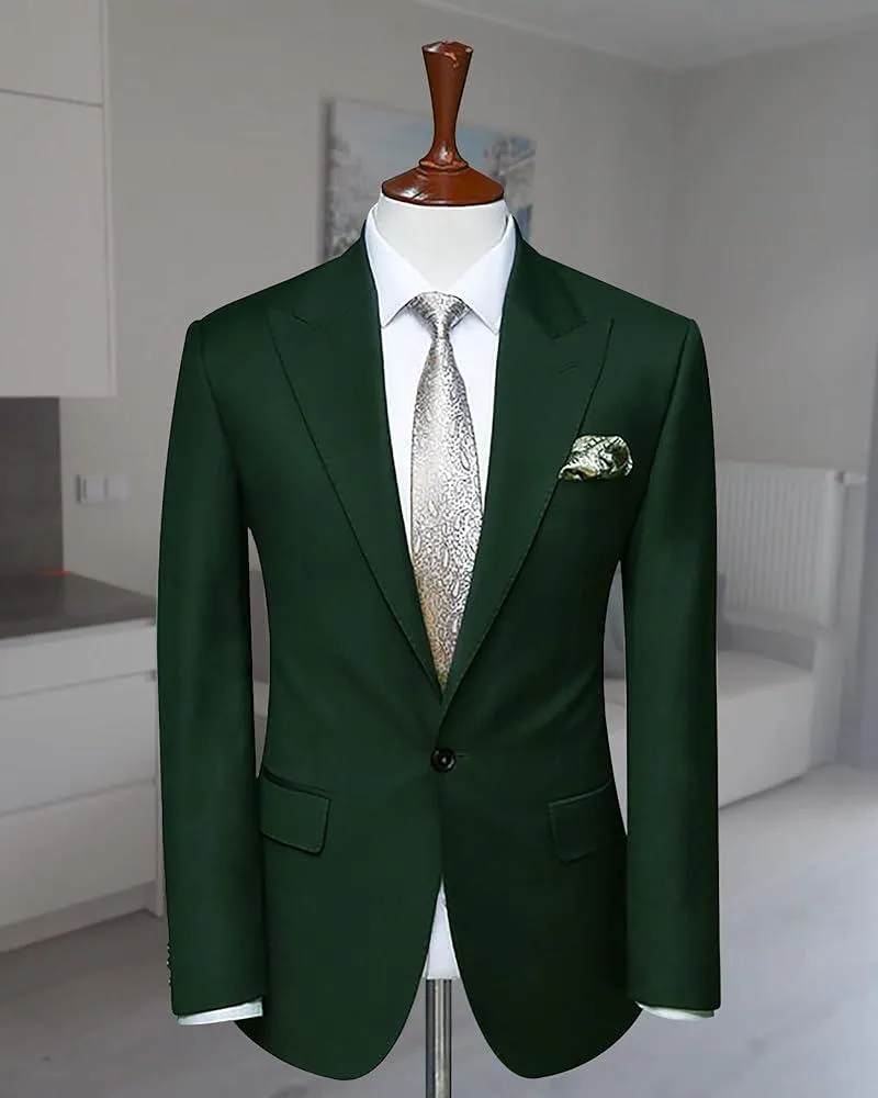 A green suit jacket with a white dress shirt and pocket square with a grey tie