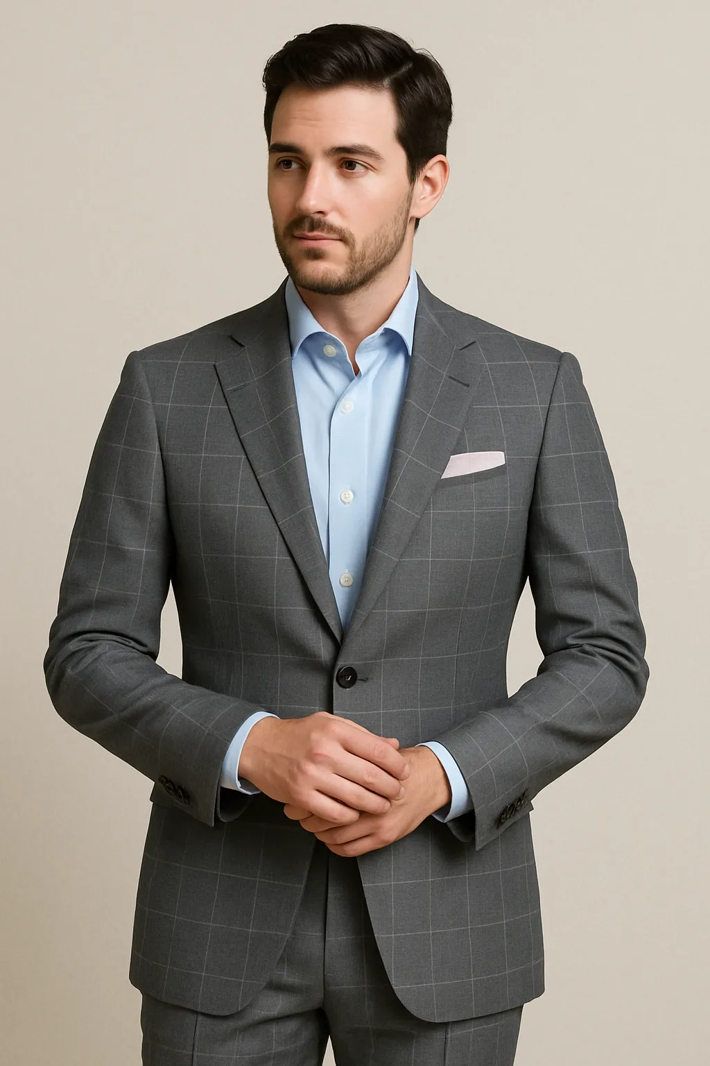 A man in a light grey custom made-to-measure suit