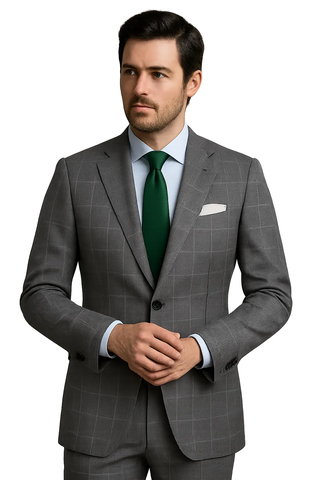 Professional man in a grey windowpane suit, light blue dress shirt, pocket square and deep green tie