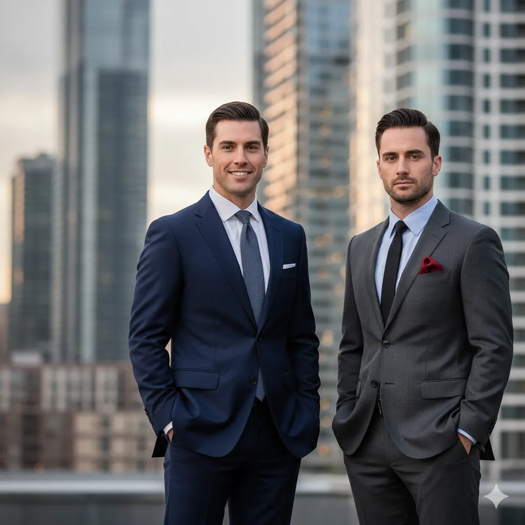 A navy suit and a charcoal suit, the two foundation colours for a professional wardrobe