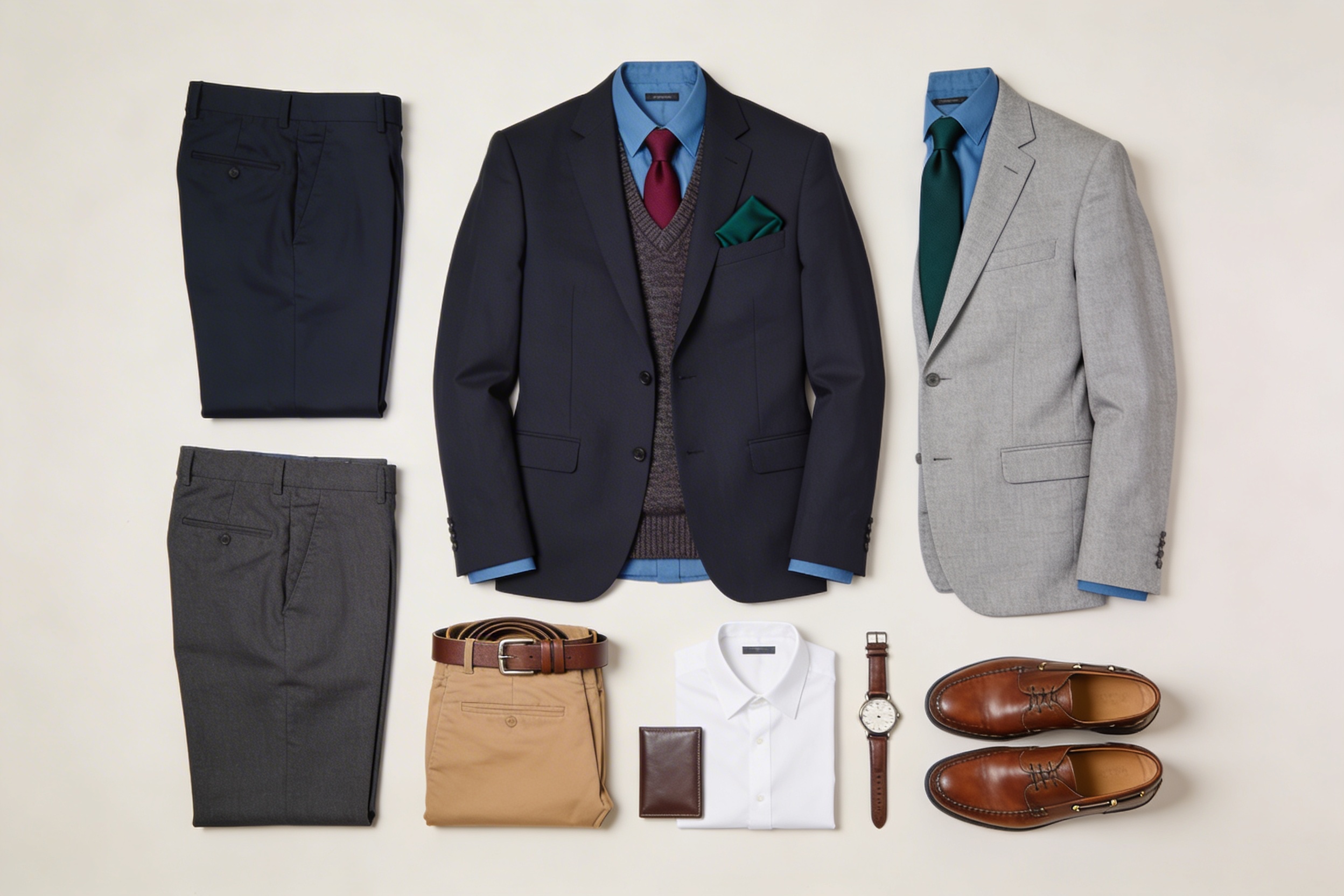 A flat lay of an ideal men's wardrobe for return to work.