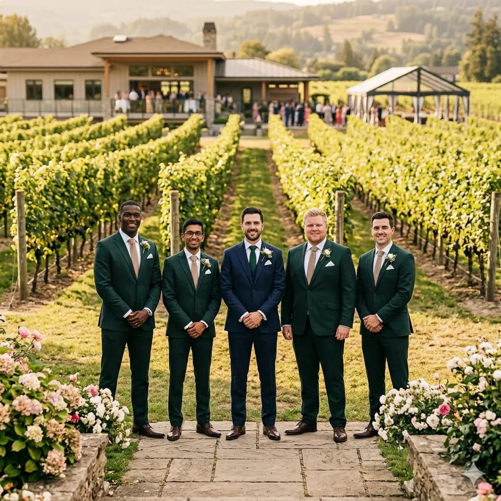 Wedding party in custom suits at a Fraser Valley vineyard — groom in navy, groomsmen in forest green
