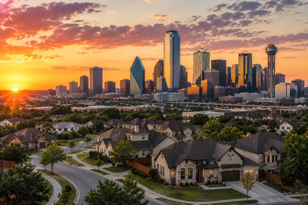 A scenic sunset view of a growing modern city skyline featuring a mix of luxury high-rises and suburban housing, representing relocation opportunities in tax-friendly states.