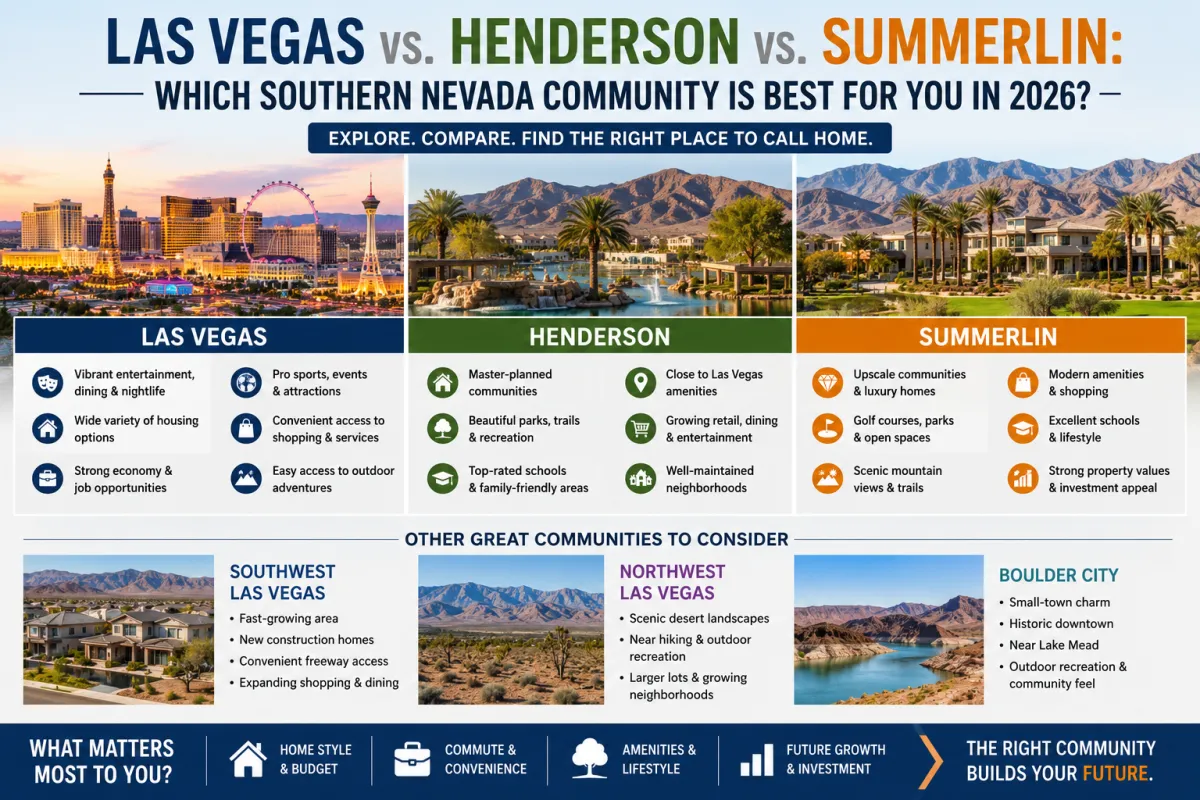 Comparison of Las Vegas, Henderson, and Summerlin neighborhoods featuring residential communities, desert landscapes, and lifestyle options for homebuyers.
