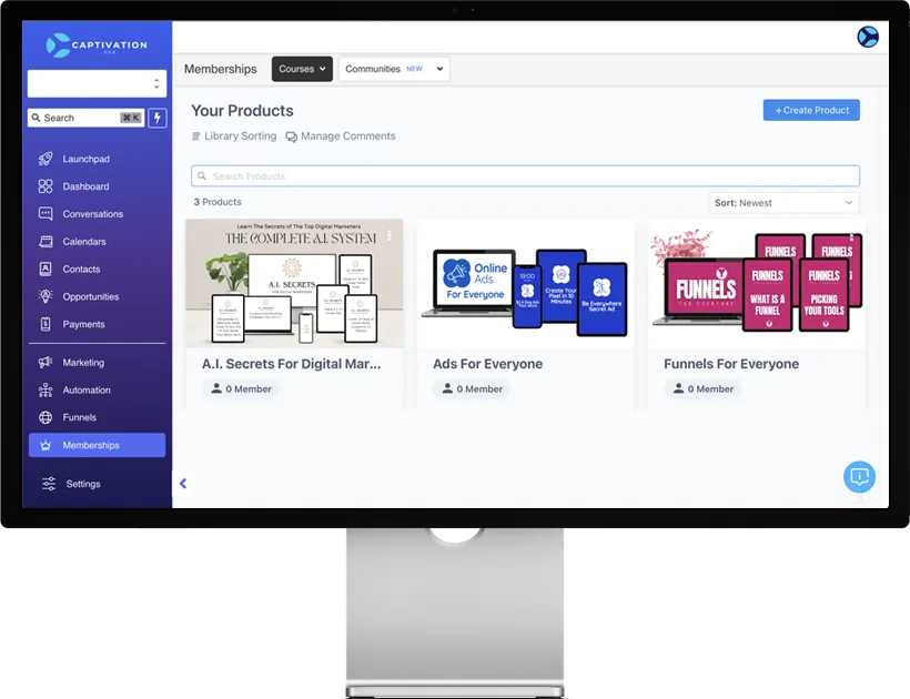 Screenshot of the CapHub dashboard showing user access to digital marketing courses like AI Secrets, Ads for Everyone, and Funnels for Everyone, with features like automations, calendars, forms, and more.