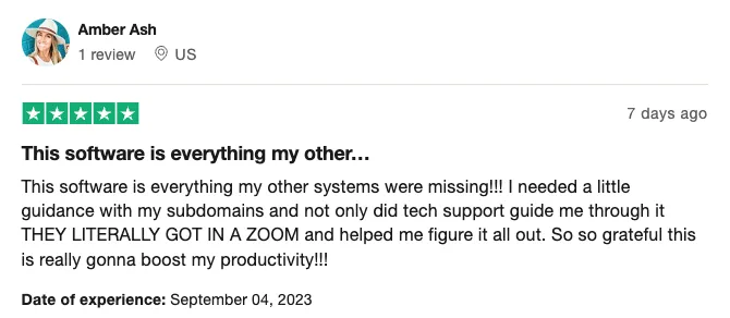 Amber leaves a glowing 5-star review highlighting CapHub’s tech support, Zoom help, and improved productivity from system features.