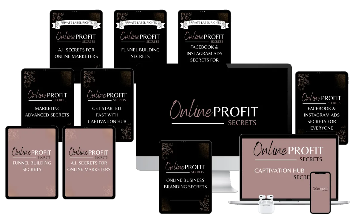 Image showcasing the Online Profit Secrets course bundle including multiple digital training modules on funnels, branding, AI tools, and business setup for online marketers.