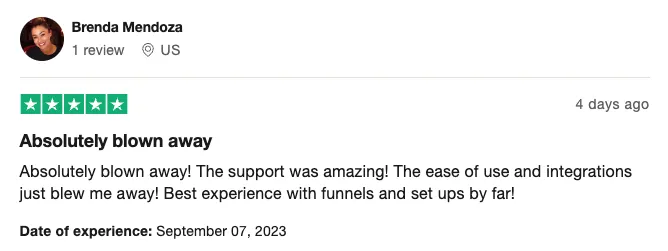 Customer Brenda shares a 5-star review praising CHOPS for outstanding support, easy integration, and the best experience with funnel setup.