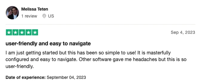 Melissa gives a 5-star review calling the platform user-friendly and easy to navigate — a major relief compared to other confusing software tools.