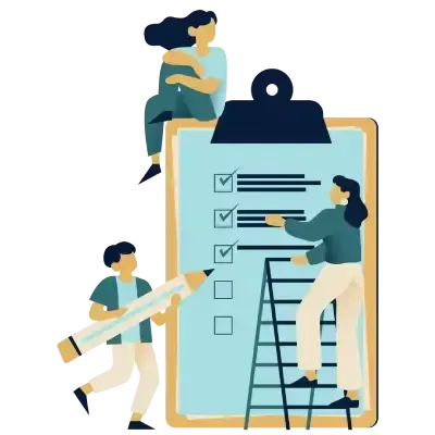 Team completing checklist on large clipboard with ladder and pencil