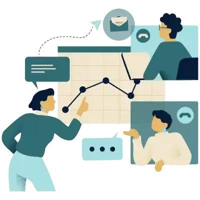 Team analyzing chart with messaging and collaboration elements