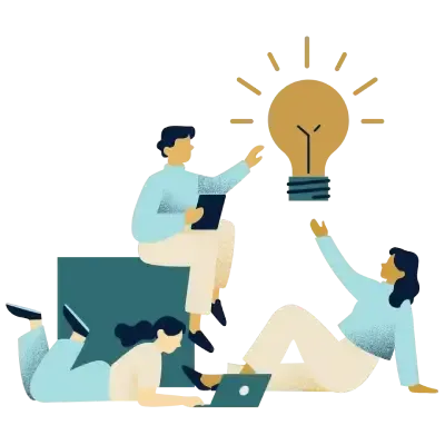 Team collaborating around a lightbulb idea with laptops and tablet
