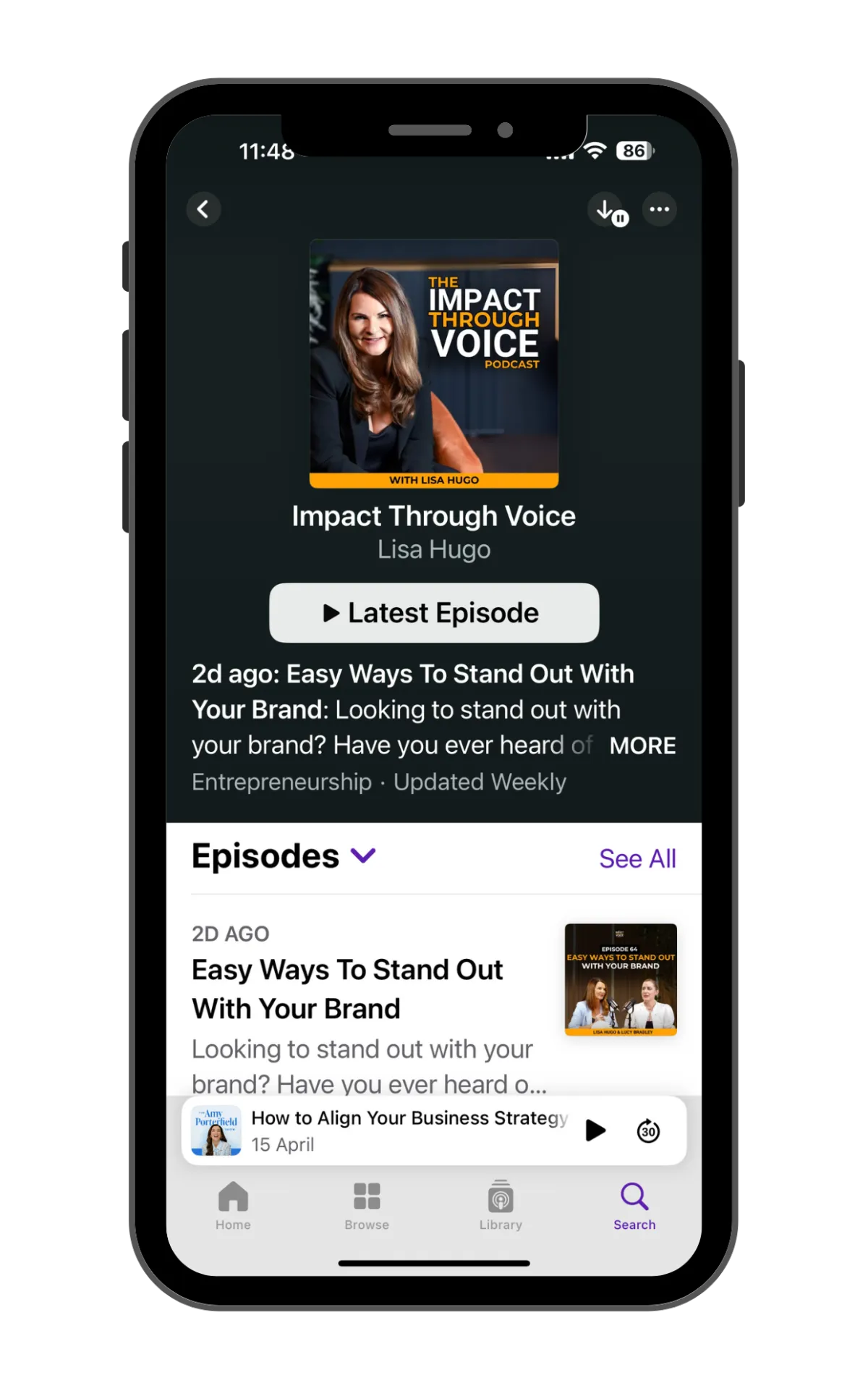 Mobile screen showing “Impact Through Voice” podcast by Lisa Hugo with episode list and description.