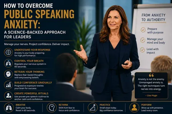 A female speaker in front of an audience talking about overcoming public speaking anxiety
