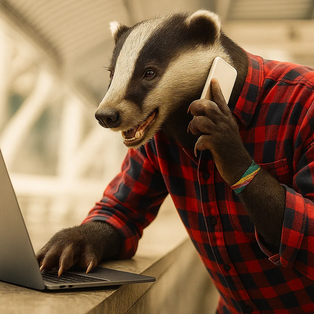 freundlicher Dachs teleoniert und arbeitet am Laptop