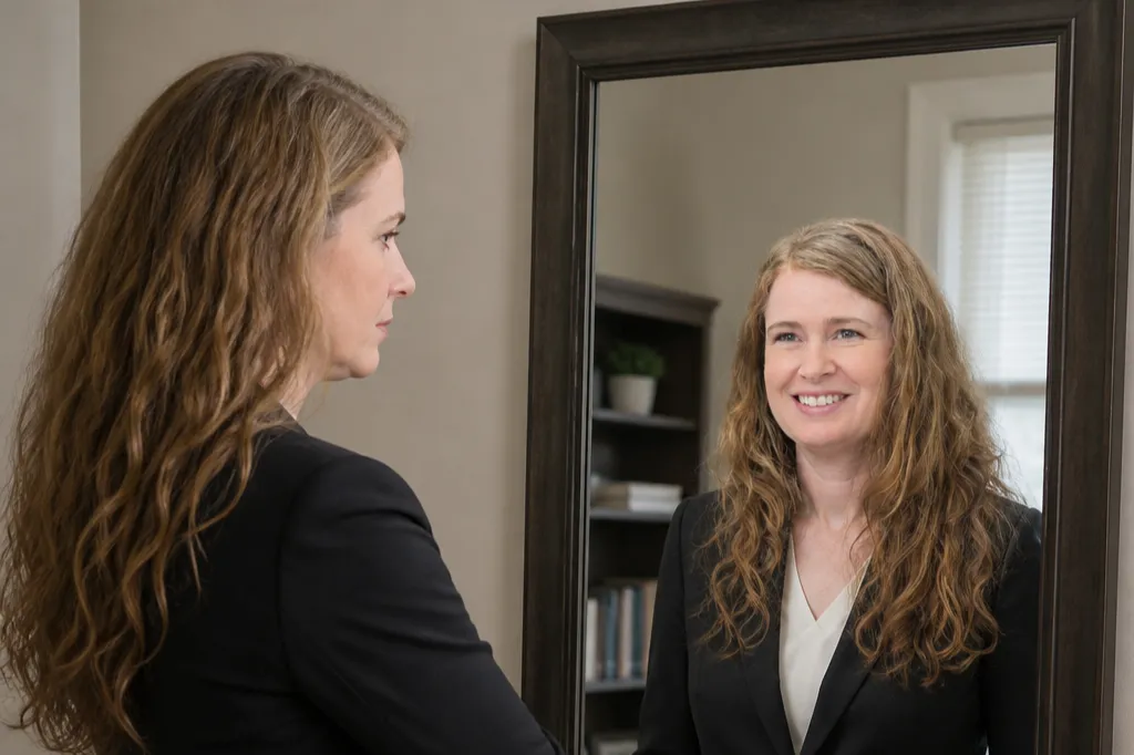 author Shanda k. Miller looking in a mirror with a neutral face but the mirror shows her smiling
