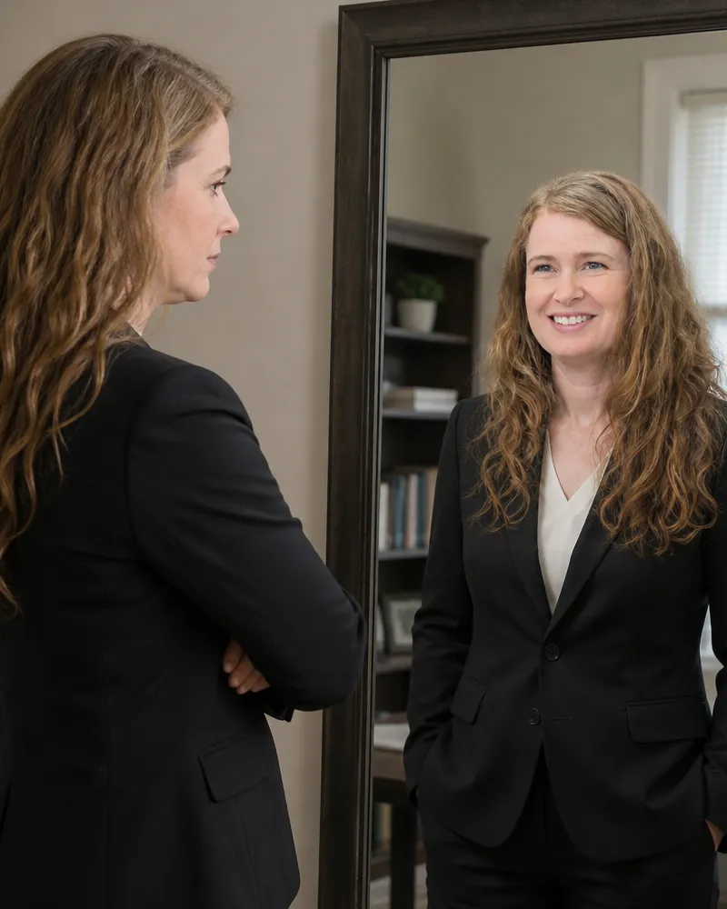 author Shanda k. Miller looking in a mirror with a neutral face but the mirror shows her smiling