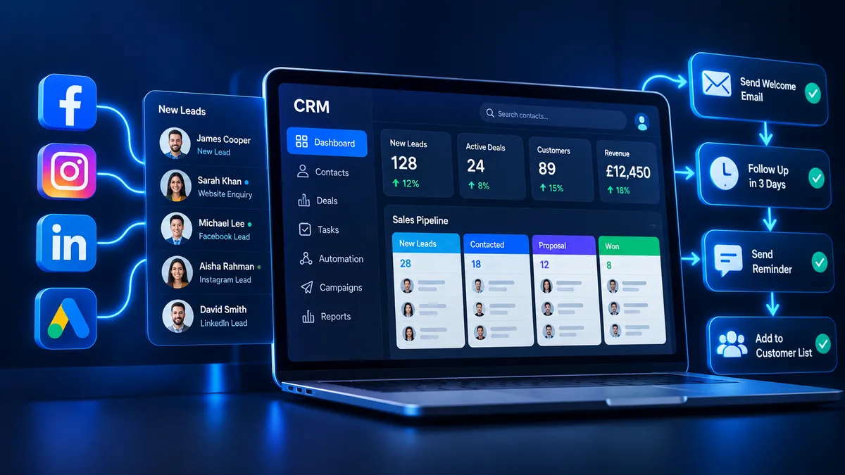 Automation and CRM illustration representing connected business apps, workflows and customer management