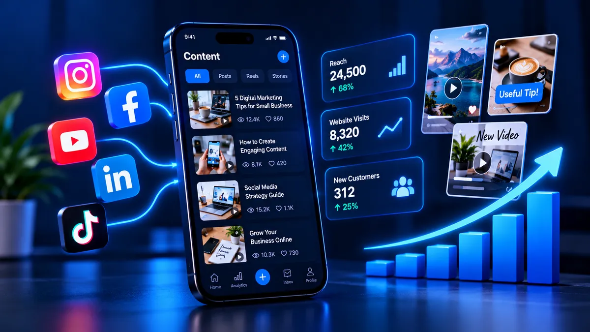 Digital marketing essentials illustration representing social media marketing, content creation and customer growth