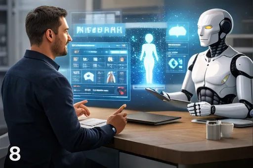 Person using LifePlanner on a tablet while doing a morning stretch in a sunlit home gym, with habit tracker and workout schedule visible.