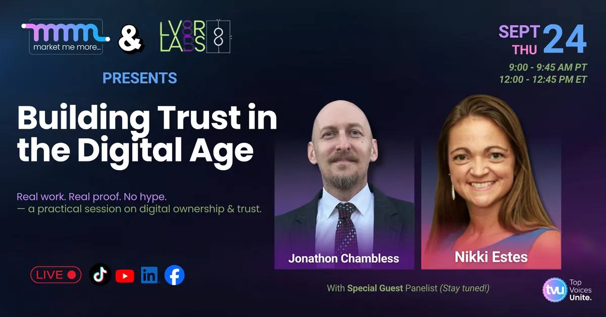 Promotional webinar banner for “The Key to Unlocking Event Storytelling” by Market Me More, Vocatales, and Top Voices Unite, featuring speakers Anubhav Srivastava and Nikki Estes, with July 16 event time details and live streaming platform icons